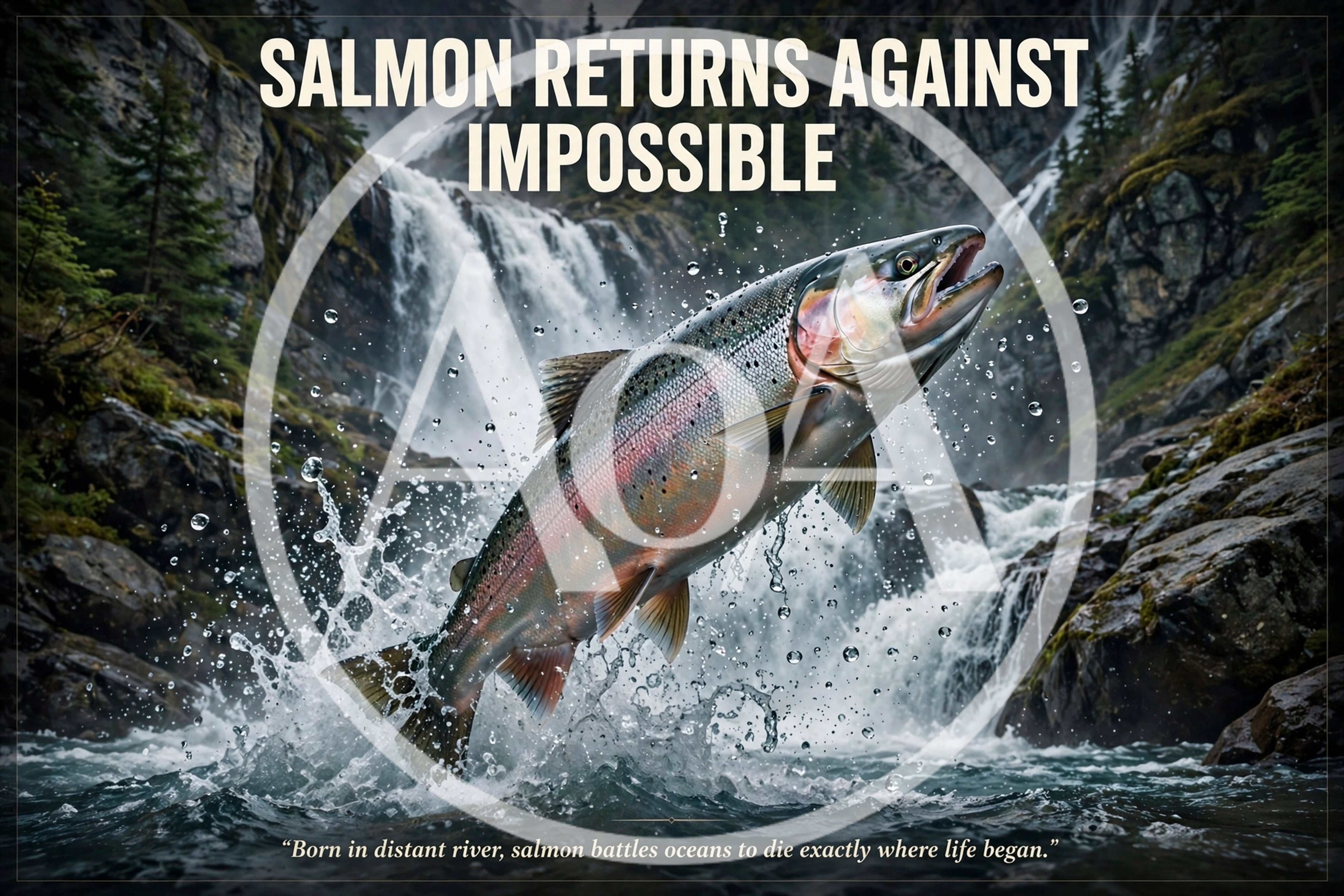Salmon Leaping Upstream Against A Waterfall