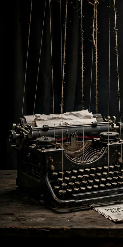 Vintage Typewriter Suspended by Strings Like a Marionette