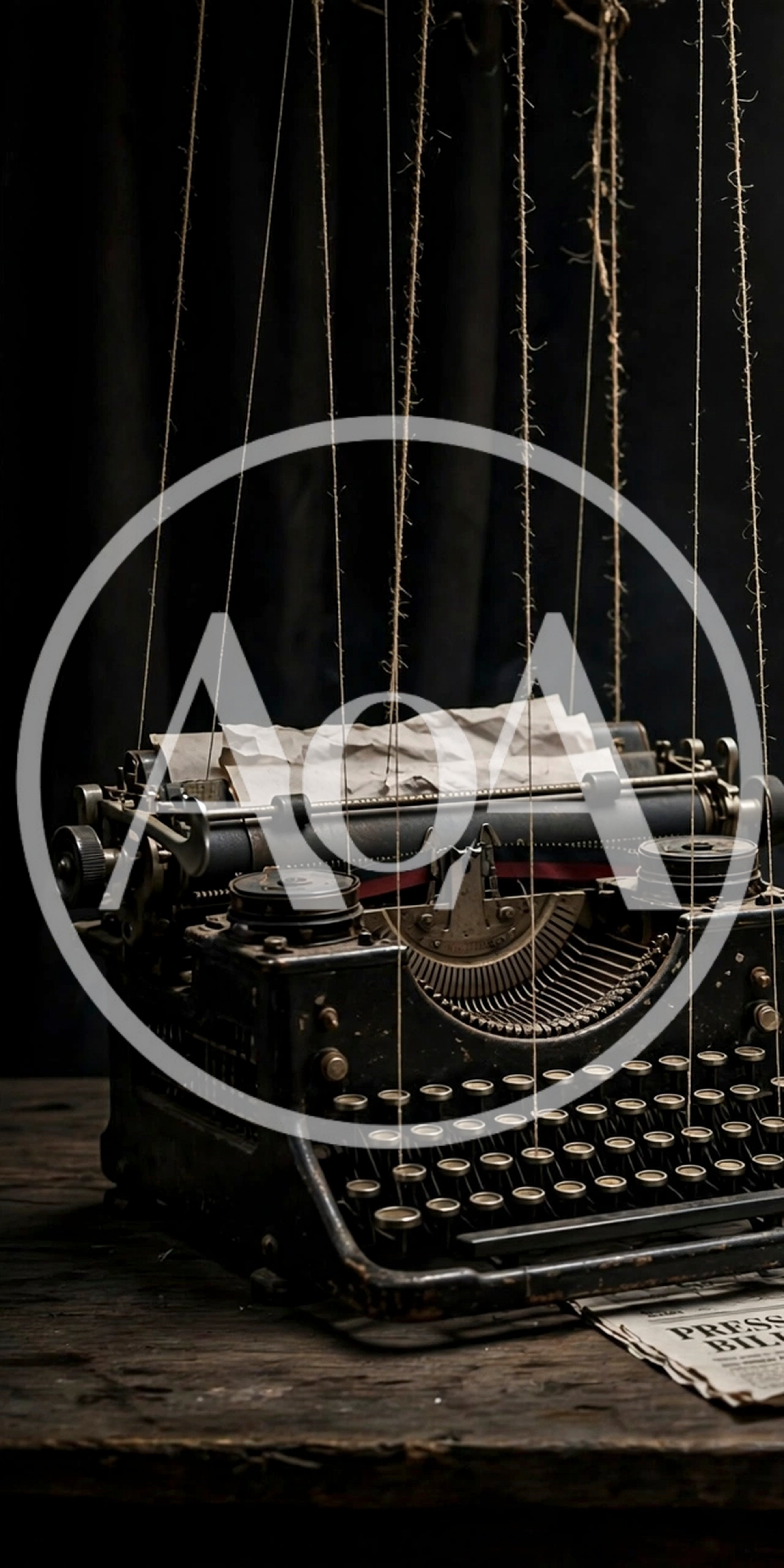 Vintage Typewriter Suspended by Strings Like a Marionette