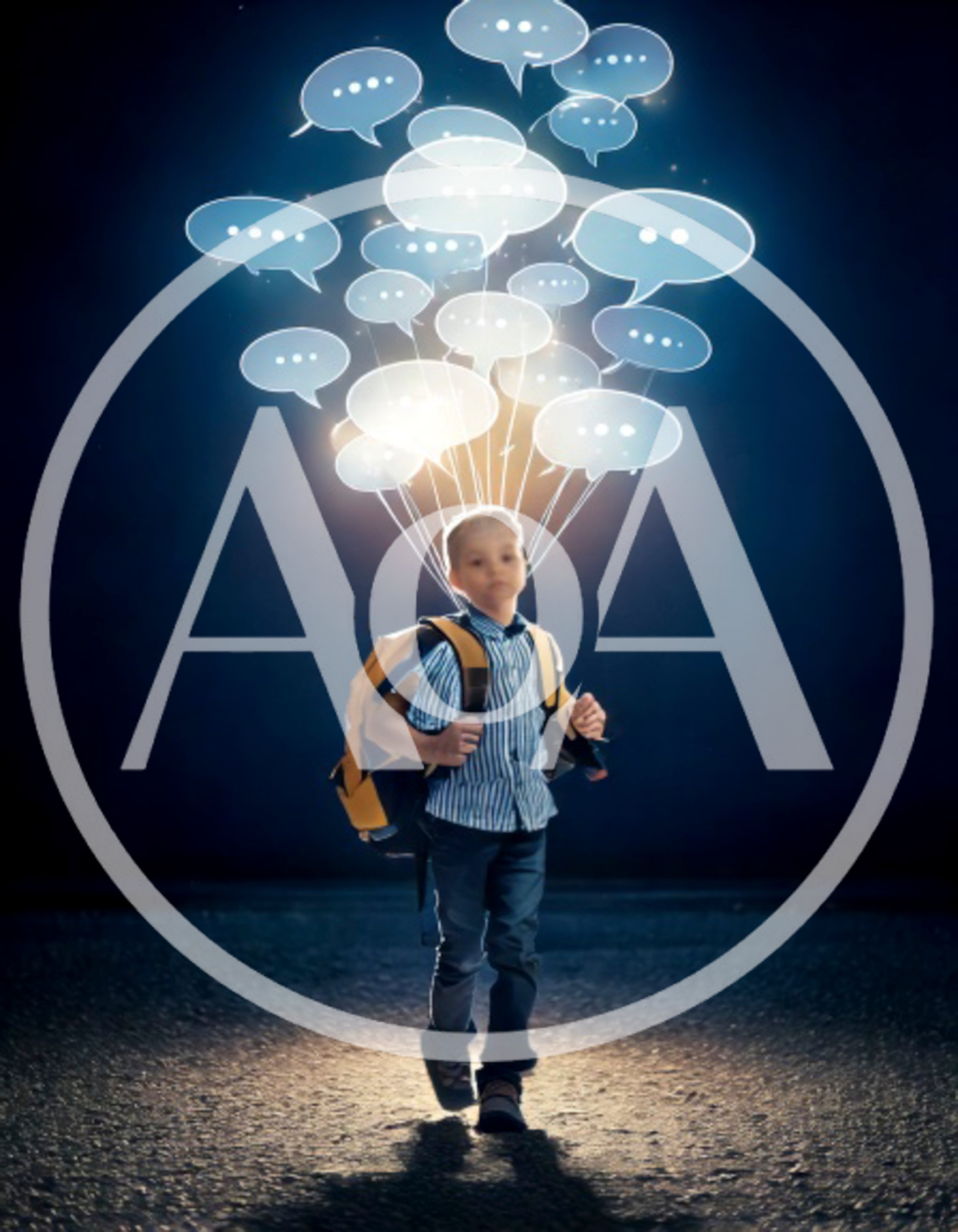 Young Boy Walking With Floating Speech Bubble Balloons