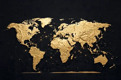 Golden Textured World Map With Global Network Connections