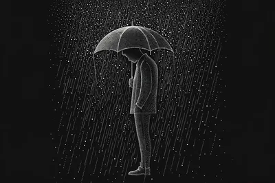 Stippled Illustration Of A Person Standing In Rain