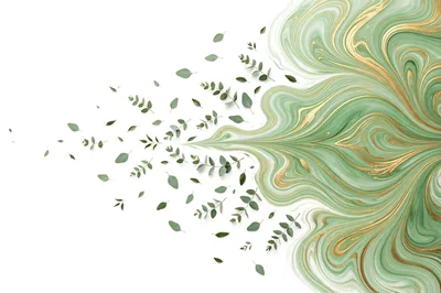 Eucalyptus Leaves Floating Over Green And Gold Marble