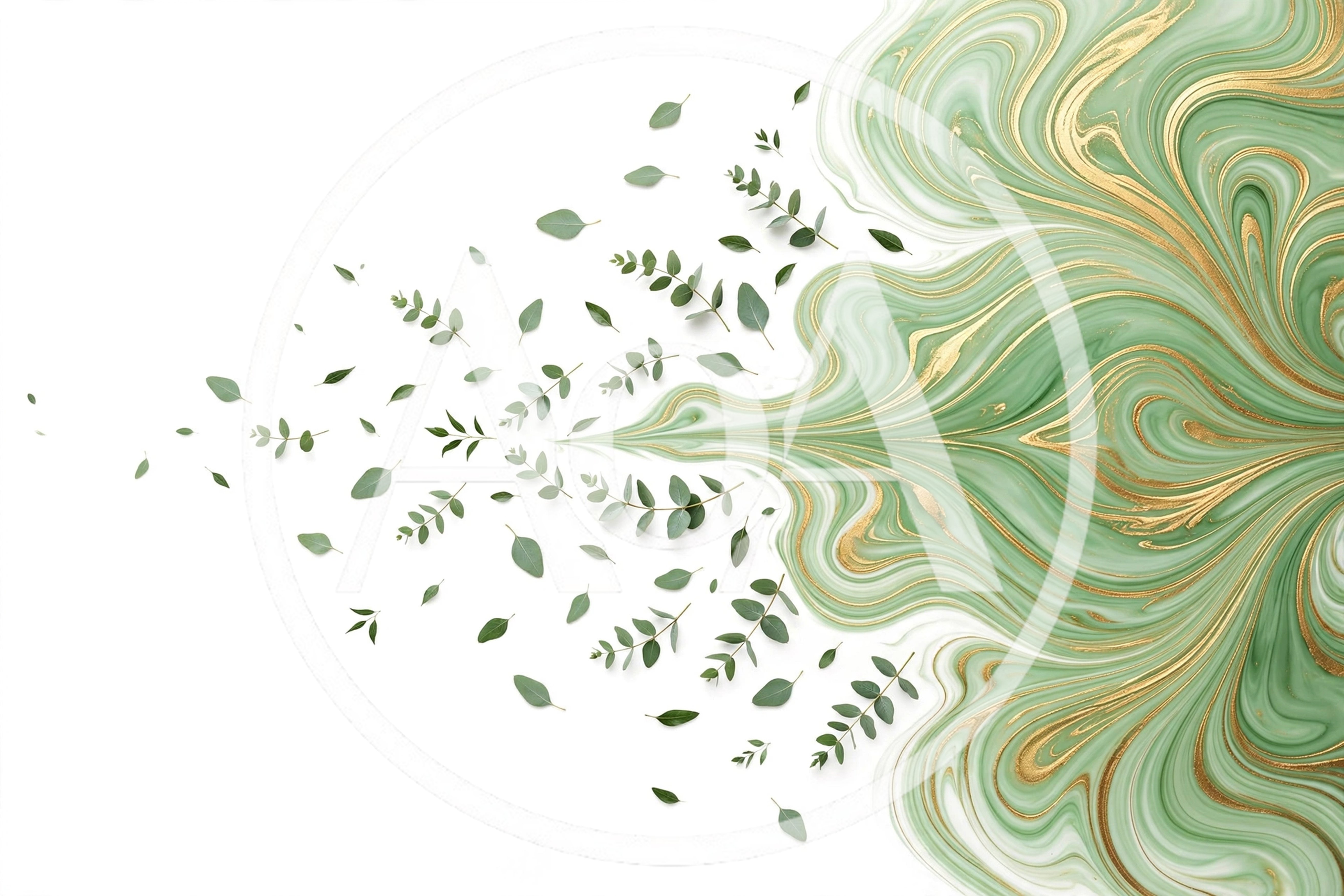 Eucalyptus Leaves Floating Over Green And Gold Marble