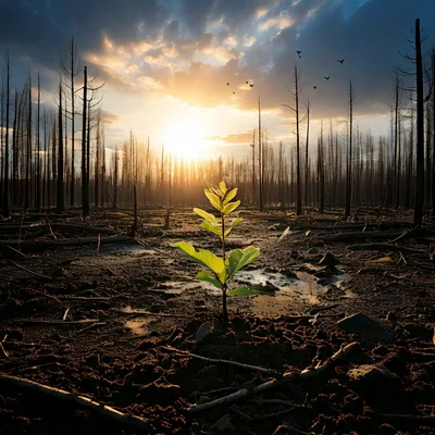 Small Green Sapling Growing In A Burnt Forest