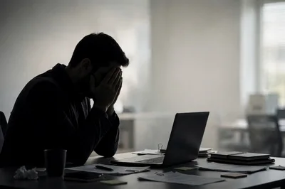Stressed Businessman Sitting At Desk With Laptop