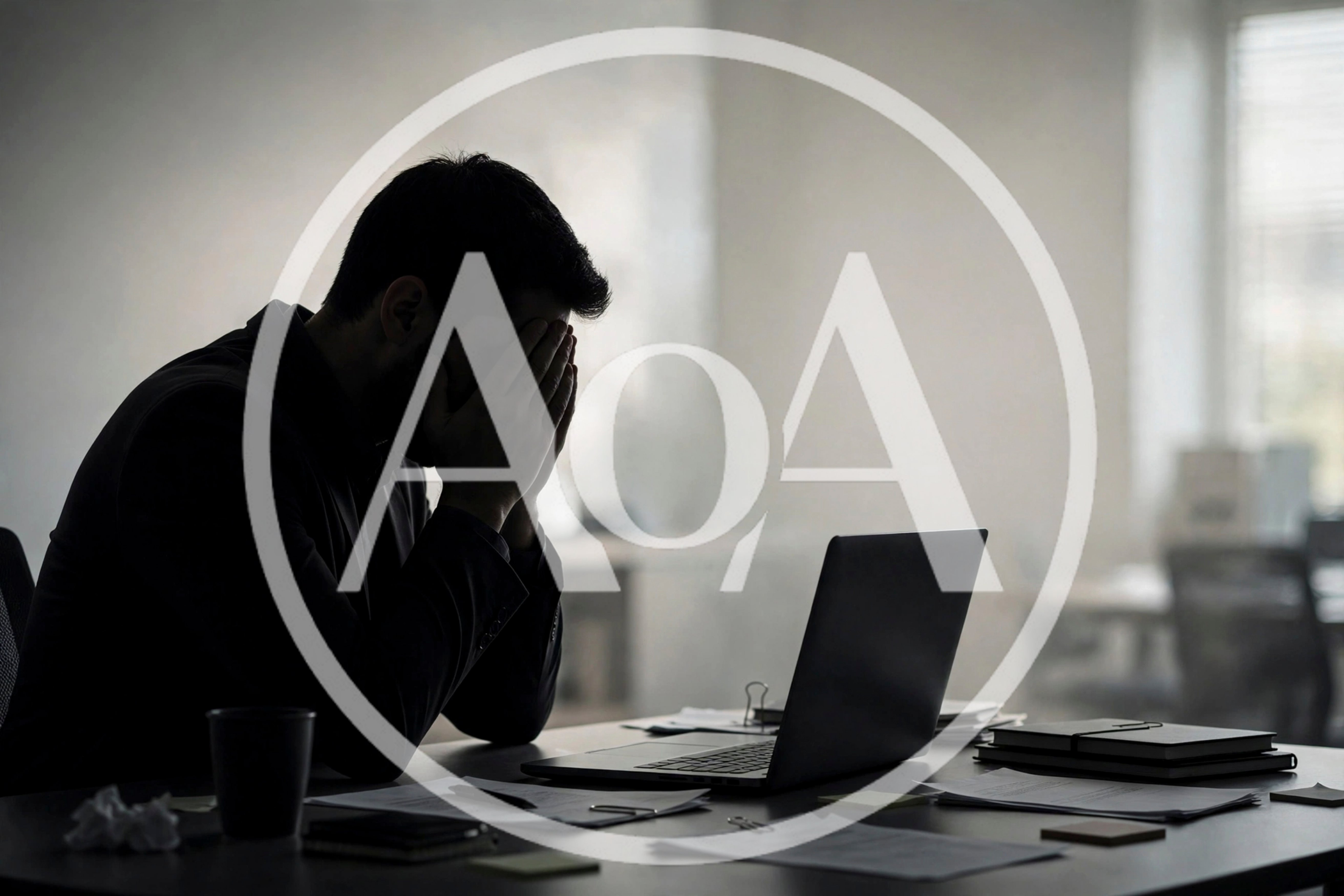 Stressed Businessman Sitting At Desk With Laptop