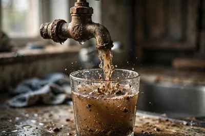 Dirty Water Pouring From Rusty Kitchen Faucet