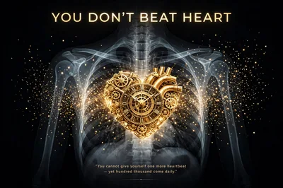 Conceptual Golden Mechanical Heart Inside Human Skeleton