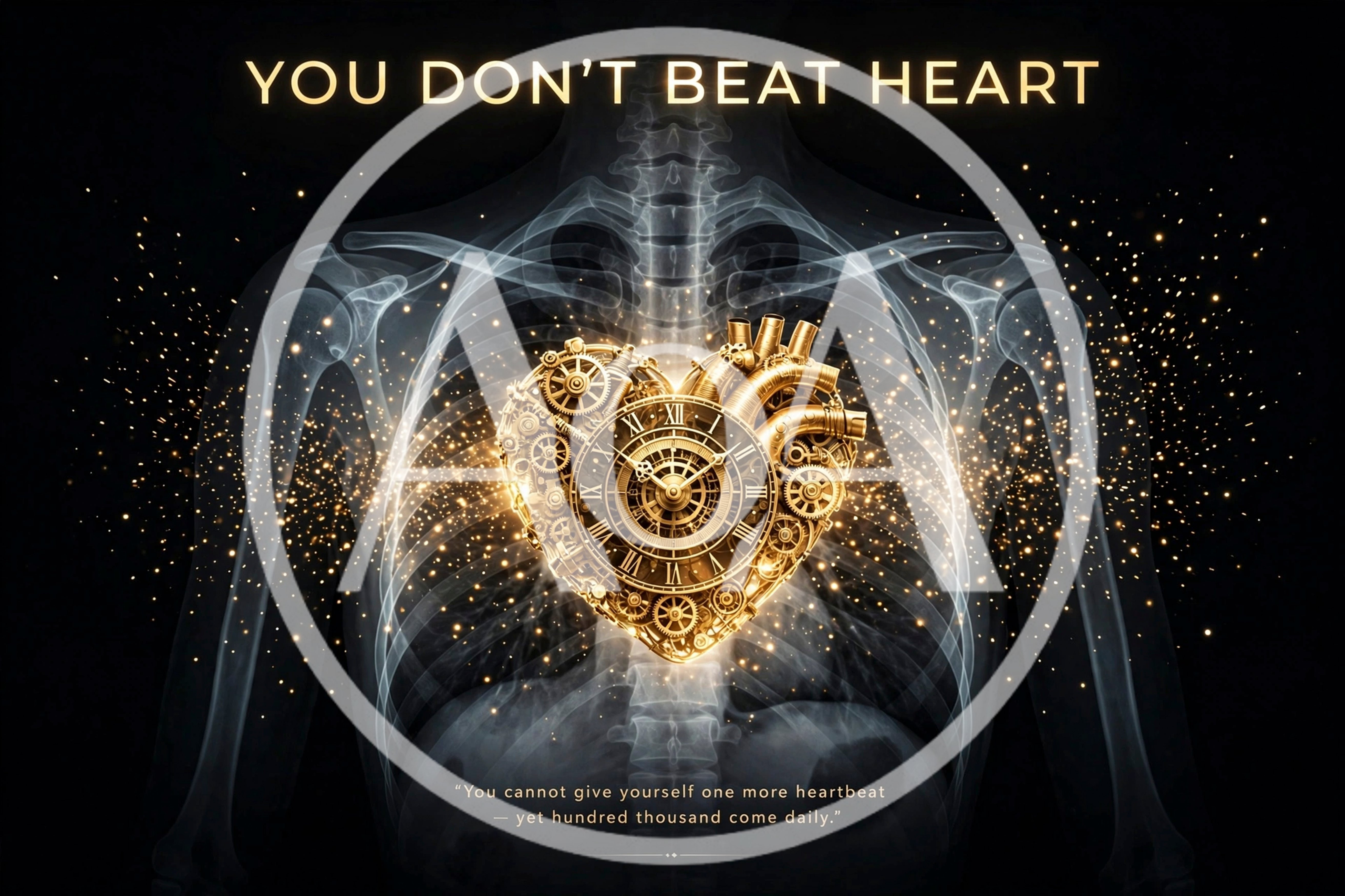 Conceptual Golden Mechanical Heart Inside Human Skeleton