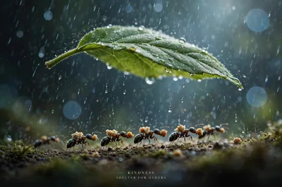 Ants Carrying Food Under A Leaf In Rain