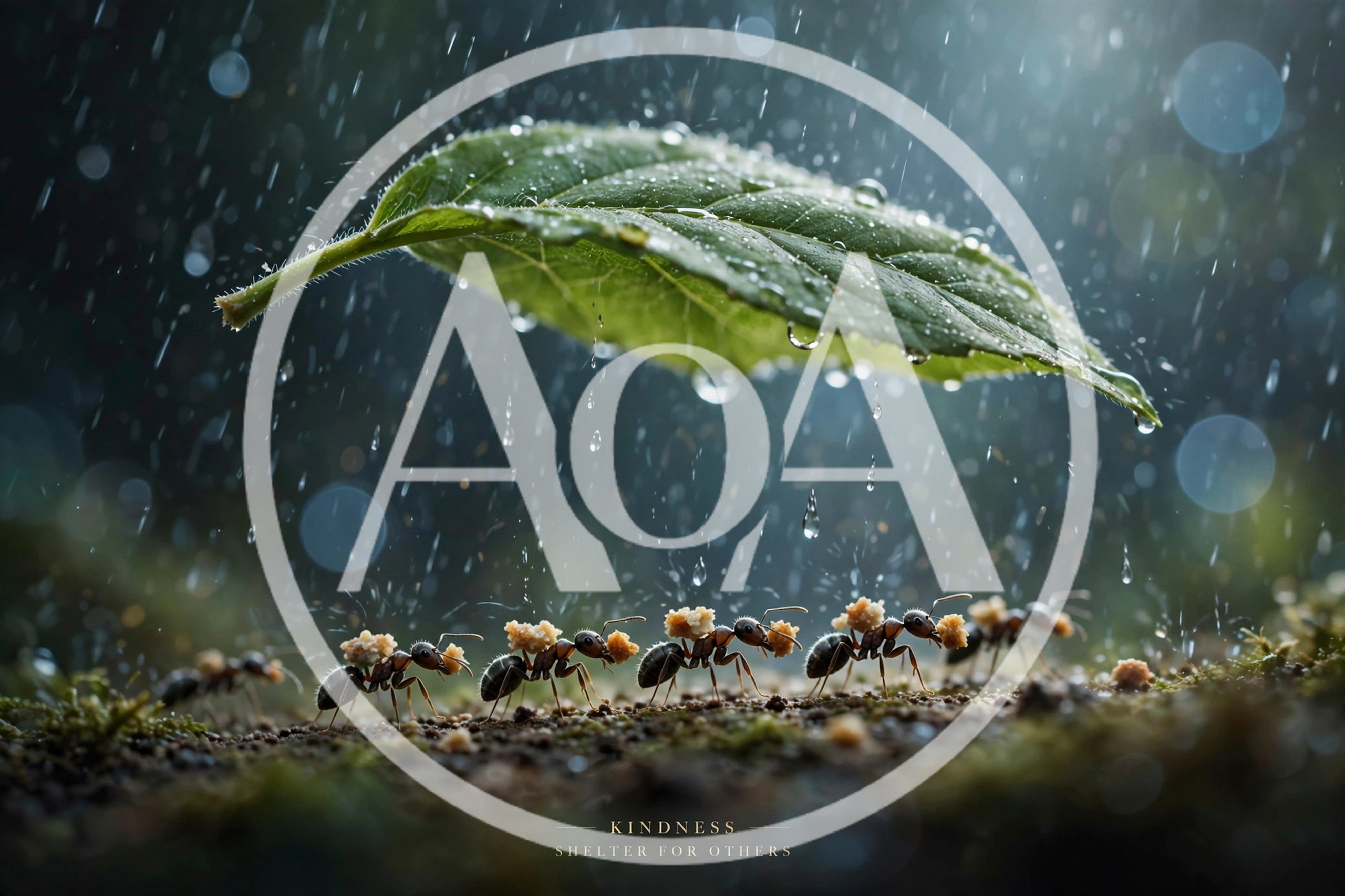 Ants Carrying Food Under A Leaf In Rain