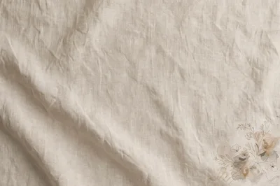Beige Linen Fabric Background With Floral Illustration