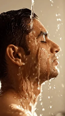 Young Man Taking A Refreshing Shower Under Running Water
