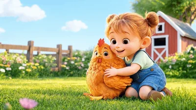 Little Girl Hugging A Chicken On A Farm