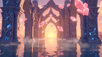 Floating Pink Crystals In Ancient Stone Archway Over Water