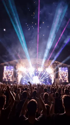 Crowd Cheering At Outdoor Music Festival With Laser Show