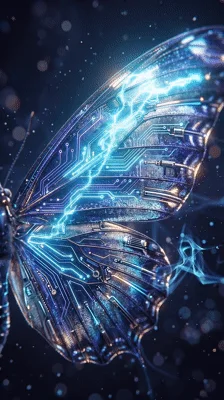 Cybernetic Butterfly Wing With Glowing Electric Circuitry