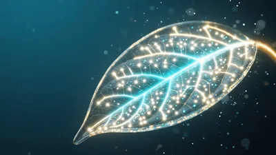 Digital Energy Flowing Through A Glowing Leaf