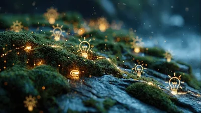 Glowing Light Bulb Icons Emerging From Mossy Forest Floor