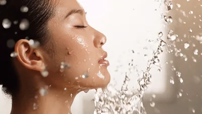 Young Woman Washing Face With Water Splash