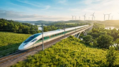 High Speed Train Traveling Across Scenic Bridge