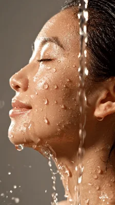 Asian Woman Rinsing Face With Water Stream