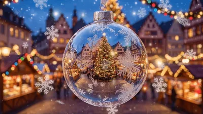 Christmas Ornament Hanging Over Festive Market Square