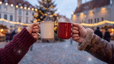 Two People Toasting With Hot Mugs At Christmas Market