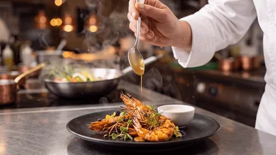 Chef Drizzling Sauce Over Grilled King Prawns