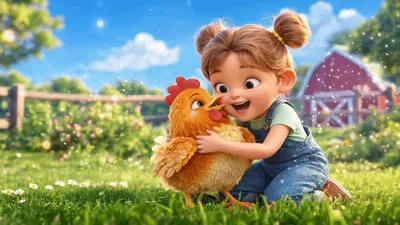 Little Girl Hugging A Cute Chicken On A Farm