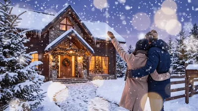Couple Holding Keys Outside Their Decorated Winter Home