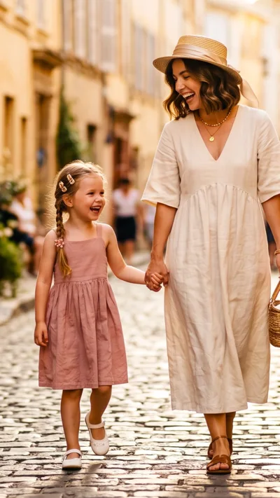 Mother and Daughter Walking Hand in Hand on Cobblestone Street