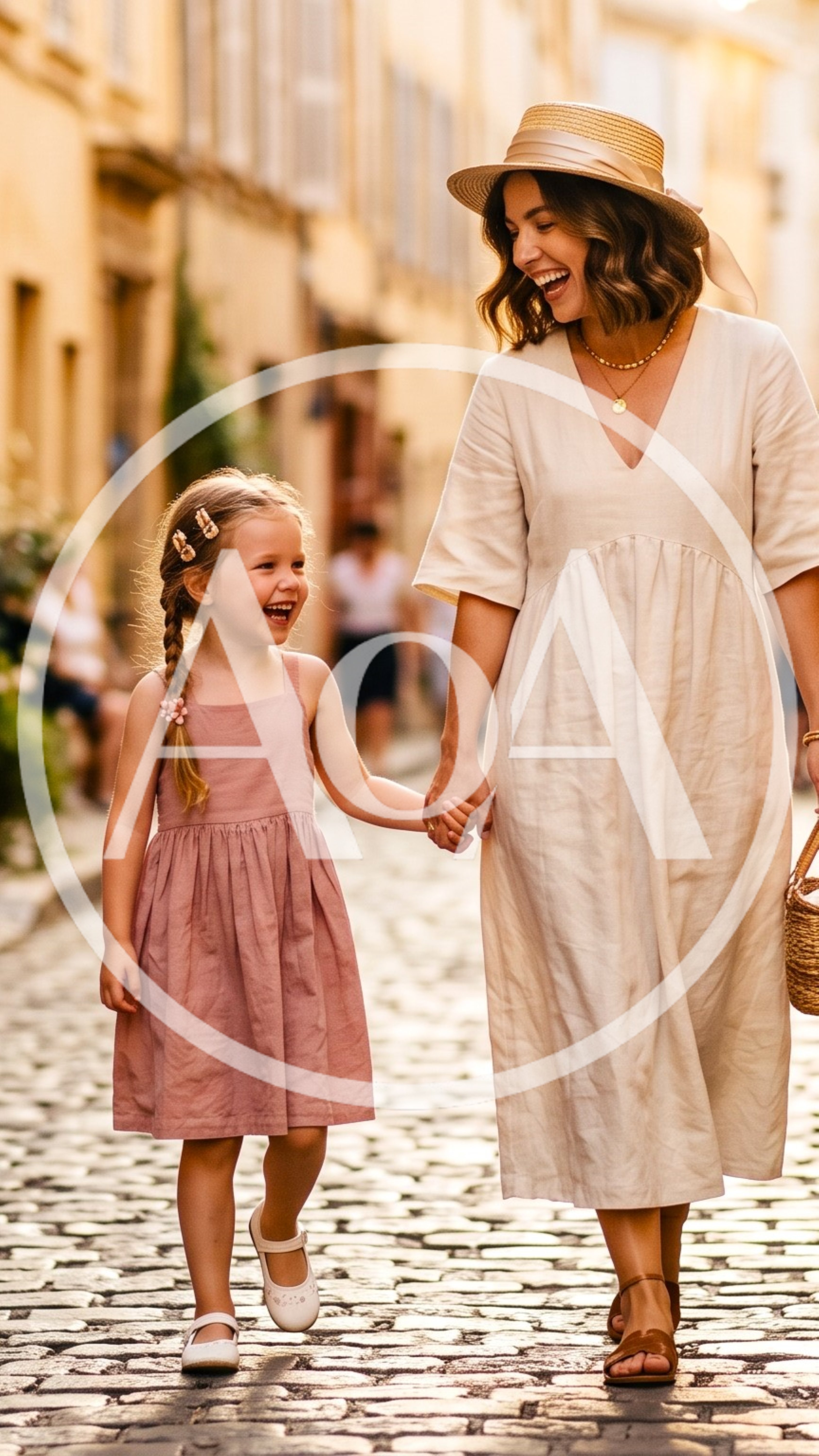 Mother and Daughter Walking Hand in Hand on Cobblestone Street