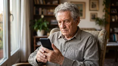 Senior Man Using Smartphone While Sitting In Armchair