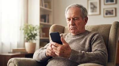 Senior Man Using Smartphone While Sitting In Armchair