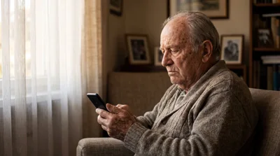 Elderly Man Using Smartphone In Living Room