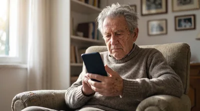 Elderly Man Using Smartphone In Living Room