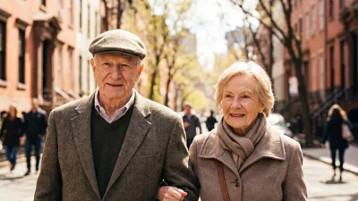 Elderly Couple Walking Together Down A City Street
