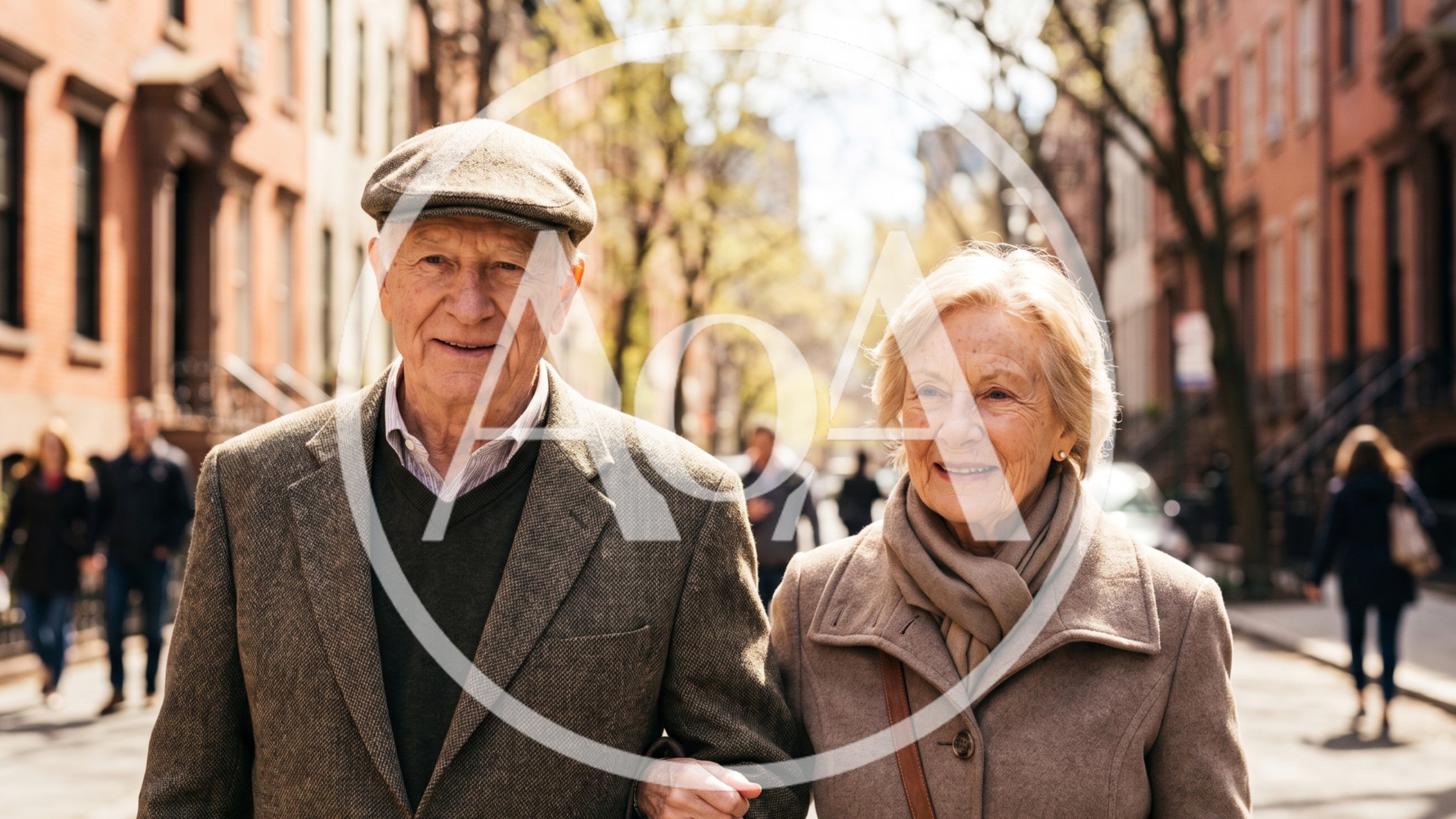 Elderly Couple Walking Together Down A City Street