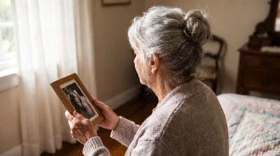 Elderly Woman Looking At A Framed Photograph