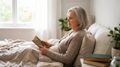 Senior Woman Holding A Picture Frame In Bed