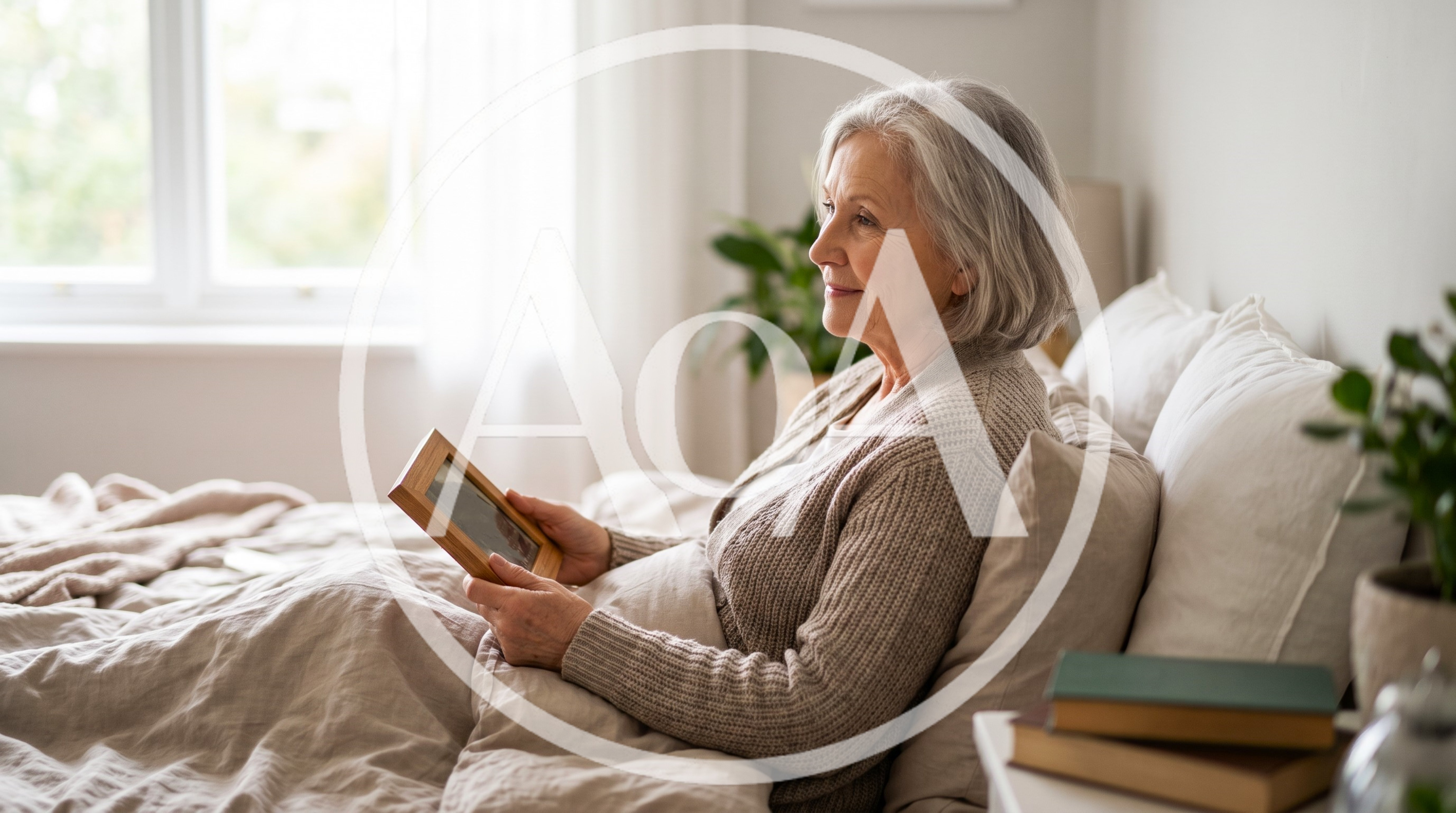 Senior Woman Holding A Picture Frame In Bed