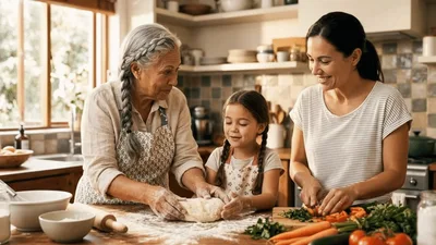 Three Generations of Women Baking Together in Kitchen