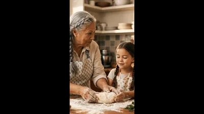 Grandmother And Granddaughter Kneading Dough In Kitchen