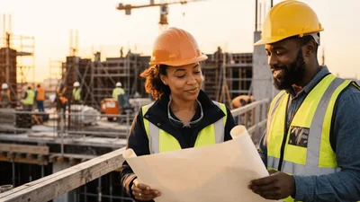 Construction Engineers Reviewing Blueprints on Building Site