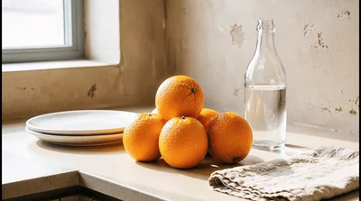 Fresh Oranges Stacked On A Kitchen Countertop
