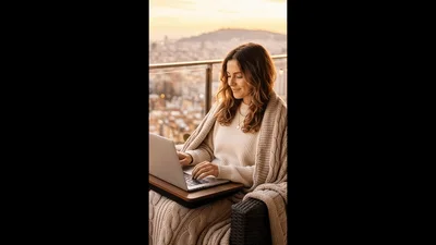 Woman Working on Laptop on Balcony at Sunset