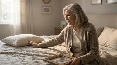 Elderly Woman Mourning While Holding A Framed Photograph