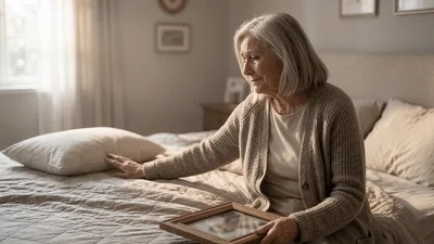 Elderly Woman Mourning Her Late Husband In Bedroom